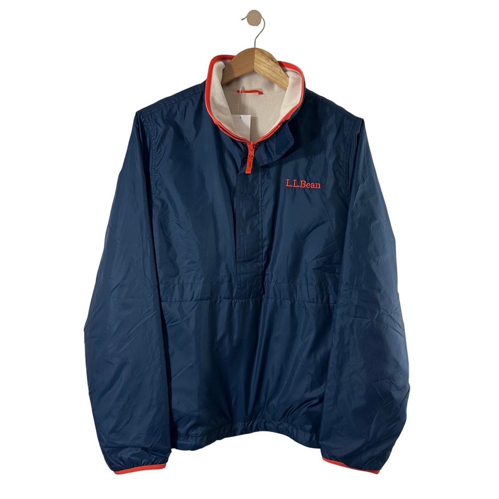 LL Bean Mountain Reversible Anorak Navy Cream Fleece Half Zip Mens M NWOT